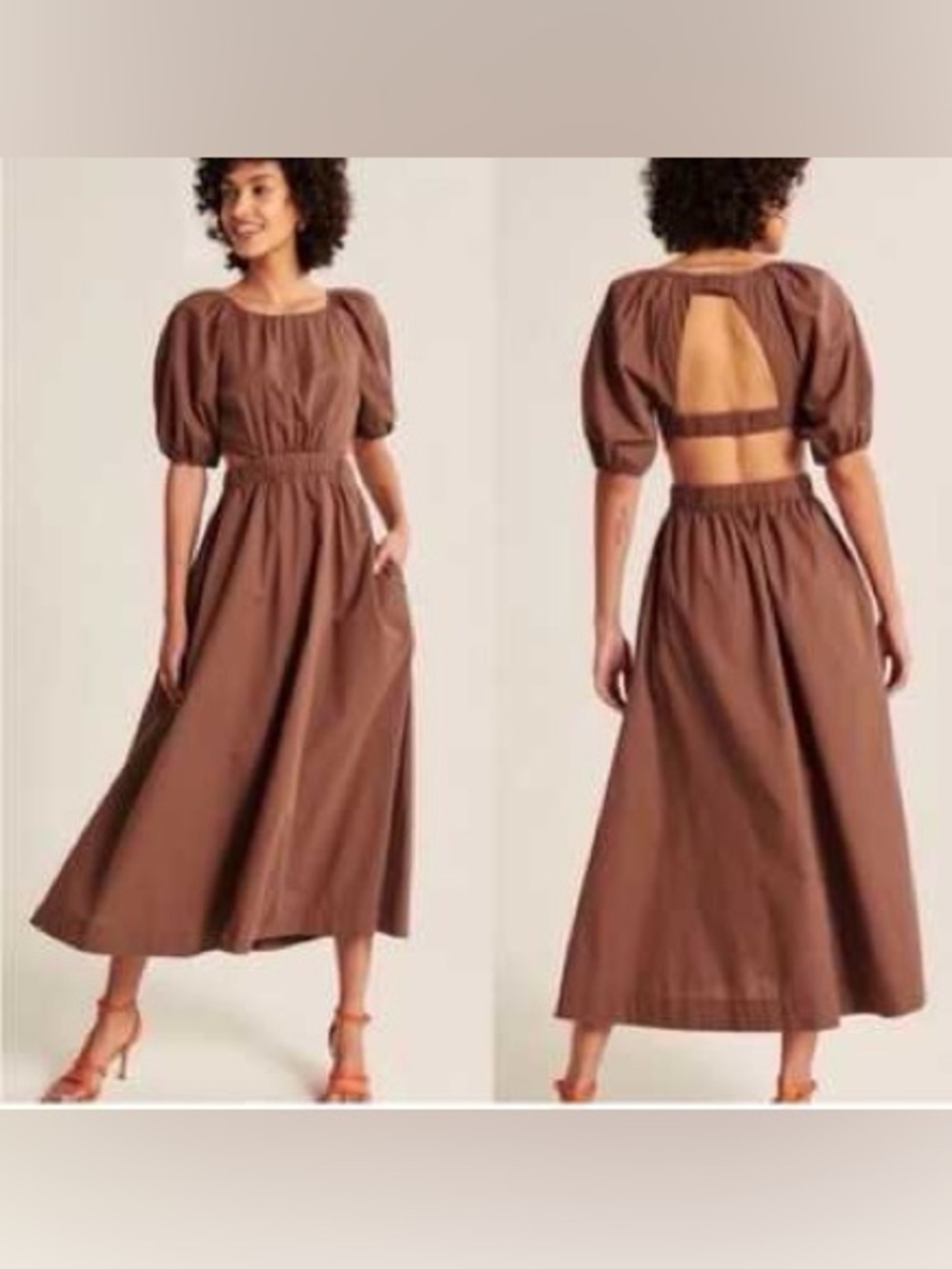 Abercrombie Ruched Puff Sleeve Cutout Midi Dress S Petite Brown Poplin Romantic